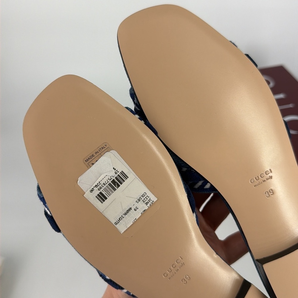 Gucci 39 Denim Jean Jane Logo Blue Stripe Slides Sandals E947 - Picture 11 of 14